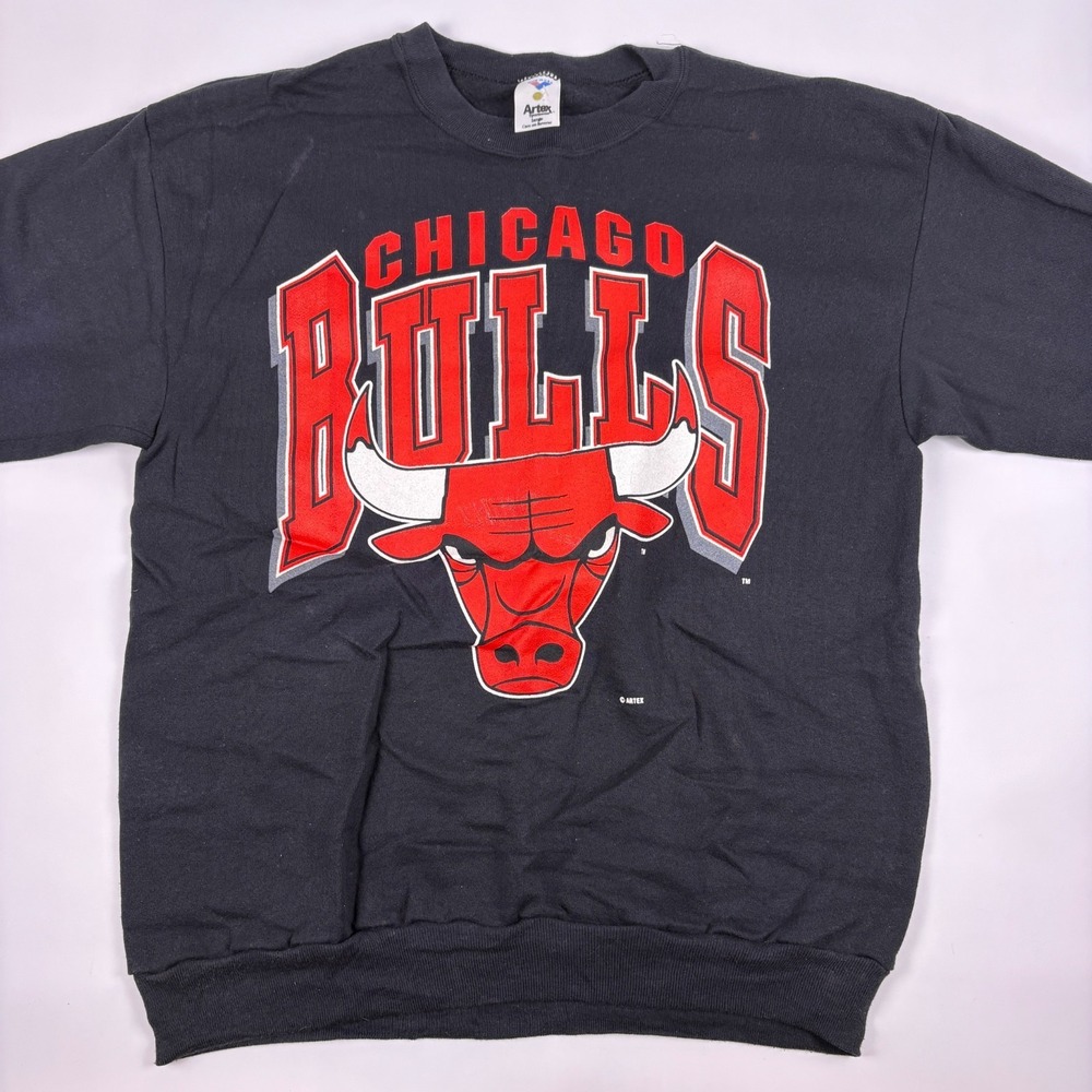 Deadstock VTG 90s Artex Chicago Bulls Crewneck Sweatshirt Mens Sz L Black Red US